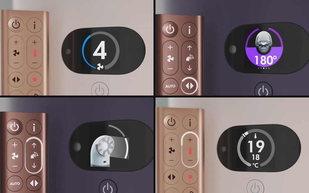 Four Dyson machine screens with their remotes: fan speed, oscillation angle, tilt and heat target, shared across two HushJet products