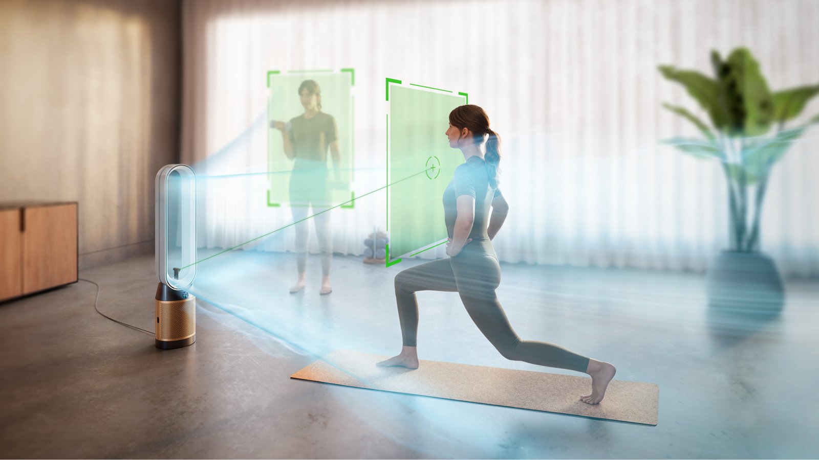 The Find+Follow Purifier Cool sharing airflow between two people exercising