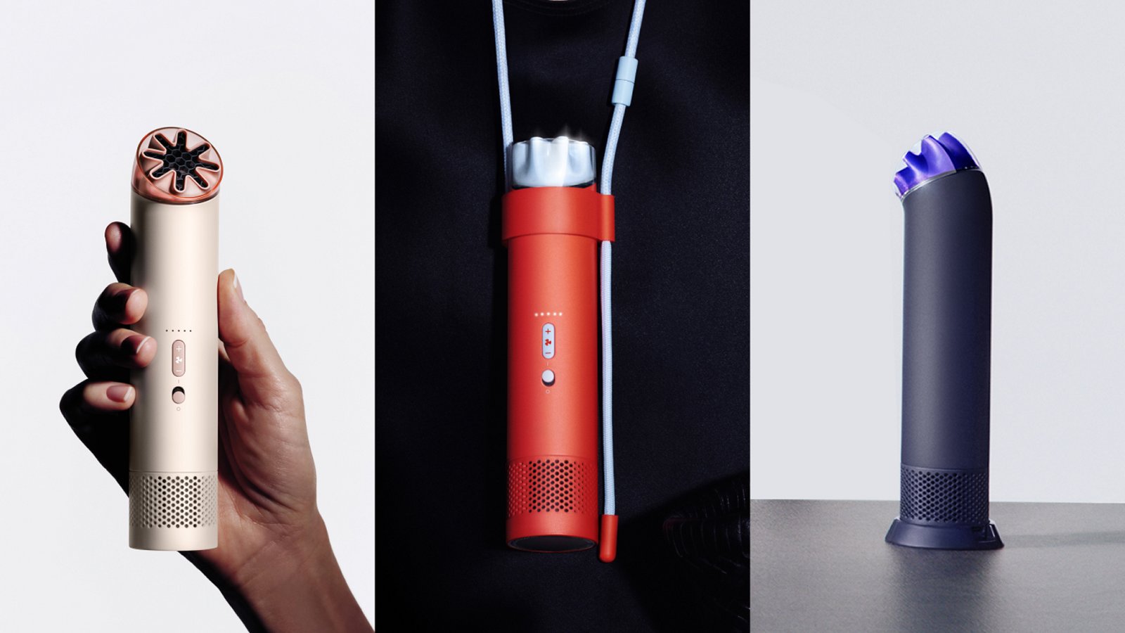 The HushJet Mini Cool held in a hand, worn around the neck and standing on a desk